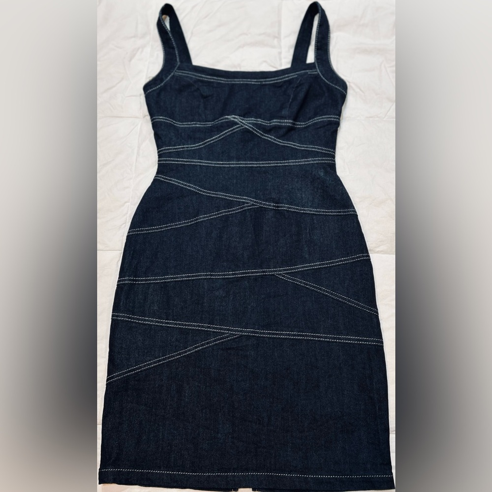 NWOT Boom Boom Jeans Dark Wash Denim Bodycon Dress Contrast Stitching Y2K Size S